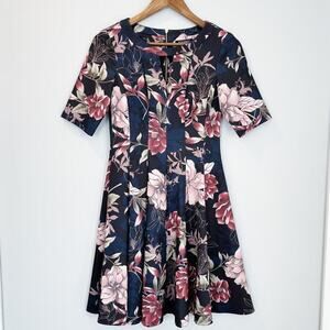 Roz & Ali Floral Cut Out Skater Dress Black Navy Pink Size 2 Like New